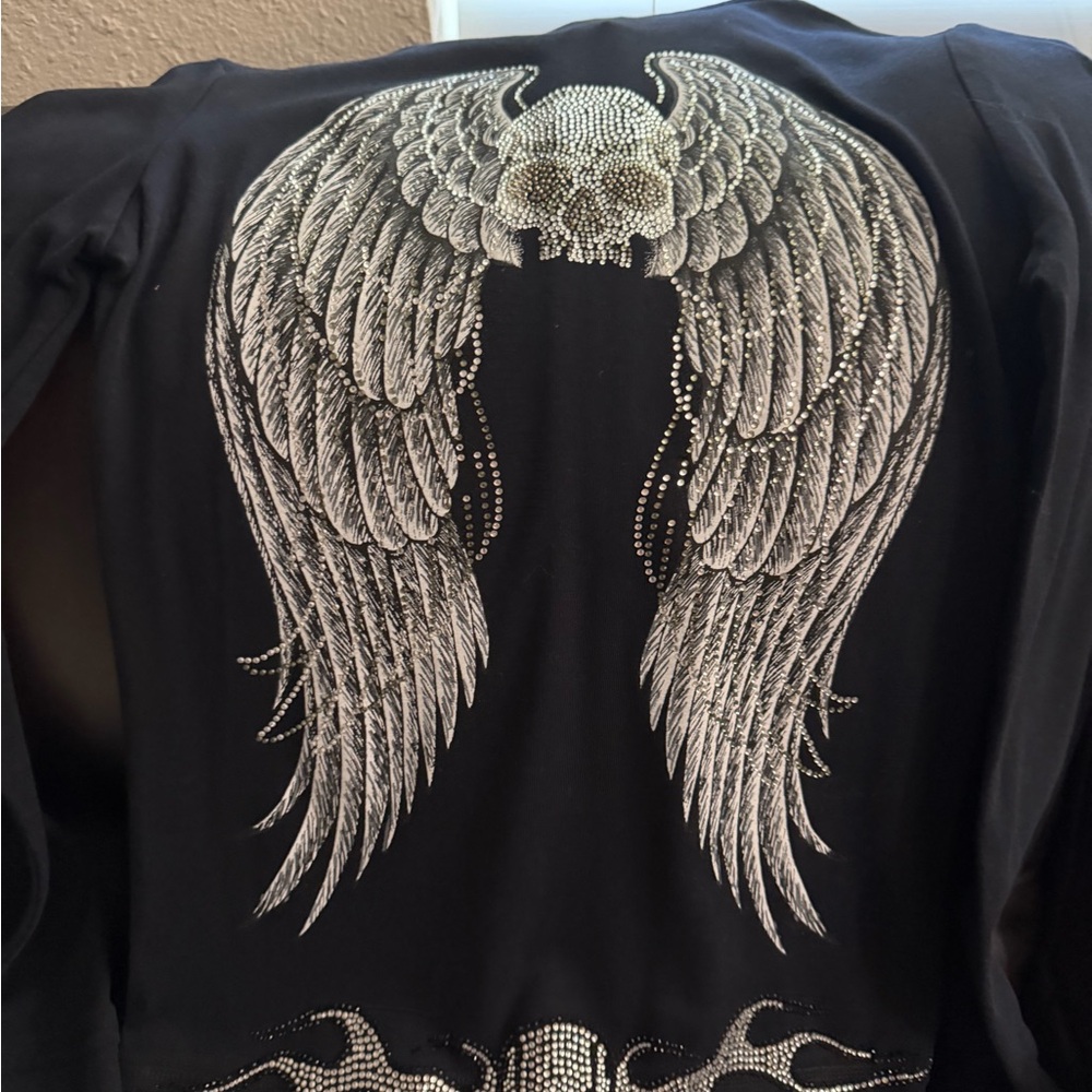 Black Rhinestone Wing & Skull Graphic Jacket